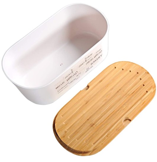 Bread box with chopping board, 18 x 34 cm, melamine, white - Kesper