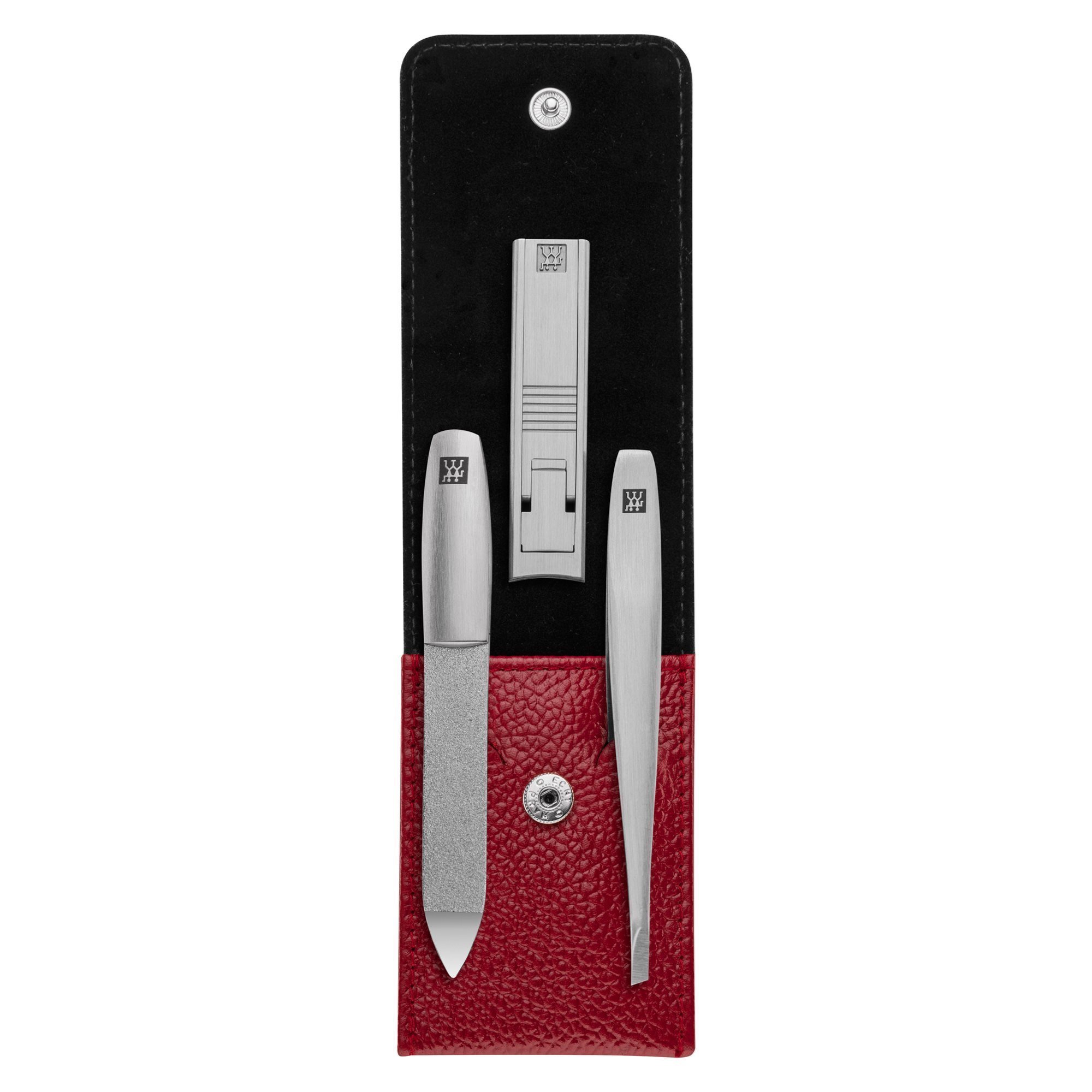 3-piece satin stainless steel set, KitchenShop pocket | leather TWINOX case - Zwilling red
