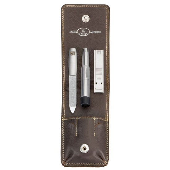 3-piece set, satin stainless steel, leather case, Brown, Twinox - Zwilling 