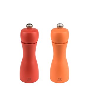 "Tahiti Duo Autumn" set of 2 salt and pepper grinders, 15 cm, beech wood, orange color and and peach color - Peugeot