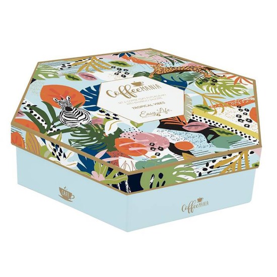 Conjunto de 6 xícaras e pires, porcelana, 70 ml, "Tropical Vibes" - marca Easy Life