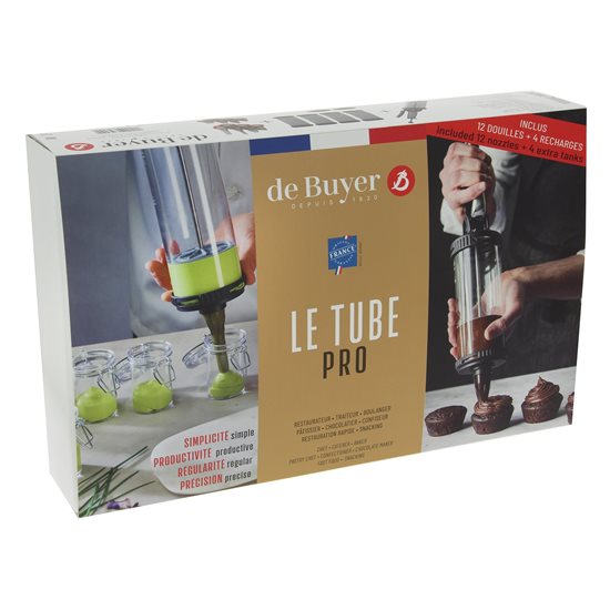 „Le Tube Pro“ konditerijos rinkinys su konditeriniu švirkštu, 4 tūbelėmis ir 12 konditerijos purkštukų – de Buyer