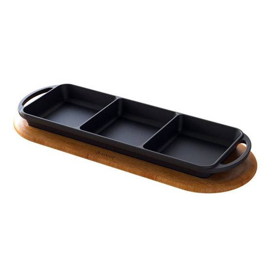 Rectangular compartmentalized tray, cast iron, 33 × 12 cm, with wooden support – LAVA