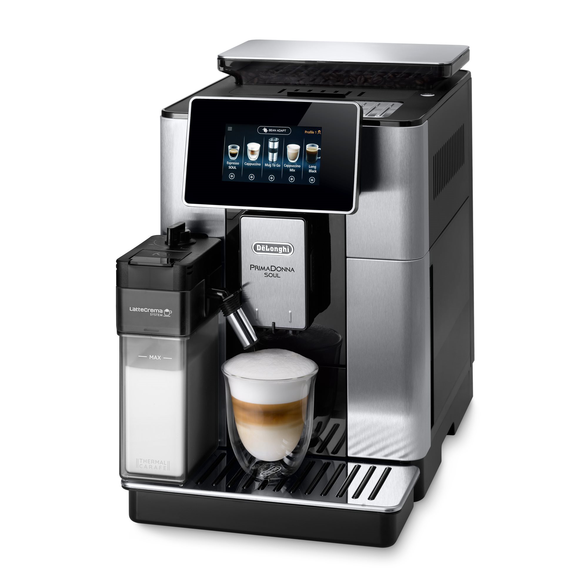 Definition shot Neighborhood Automatic espresso machine, 1450W, "PrimaDonna Soul", silver / black -  DeLonghi | KitchenShop