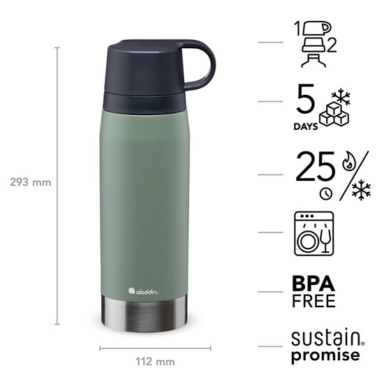 Stainless steel thermoinsulating bottle, 1.1 L, "CityPark Thermavac", Sage Green - Aladdin