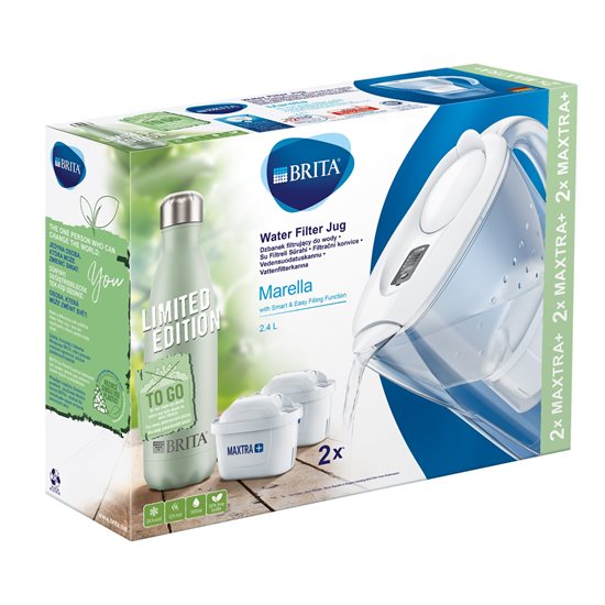 Conjunto contendo jarro filtrante BRITA Marella 2,4 L Maxtra+ (branco) com 2 filtros e frasco com isolamento térmico