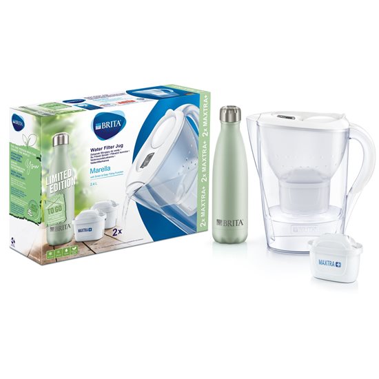 Set que contiene jarra filtrante BRITA Marella 2,4 L Maxtra+ (blanca) con 2 filtros y botella térmica