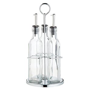 4-piece set, contains 3 bottles for oil and vinegar and chromed holder – made by Kitchen Craft

