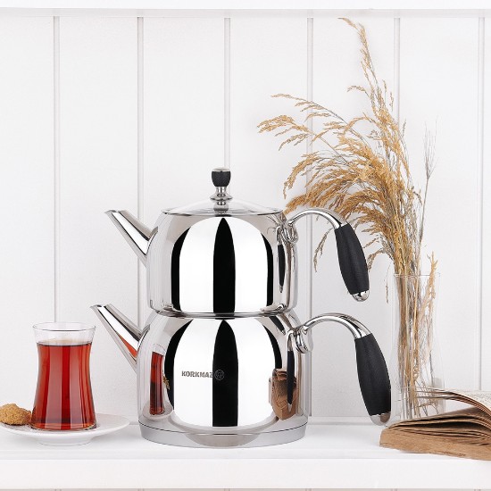 Double Turkish teapot, stainless steel, Flora - Korkmaz