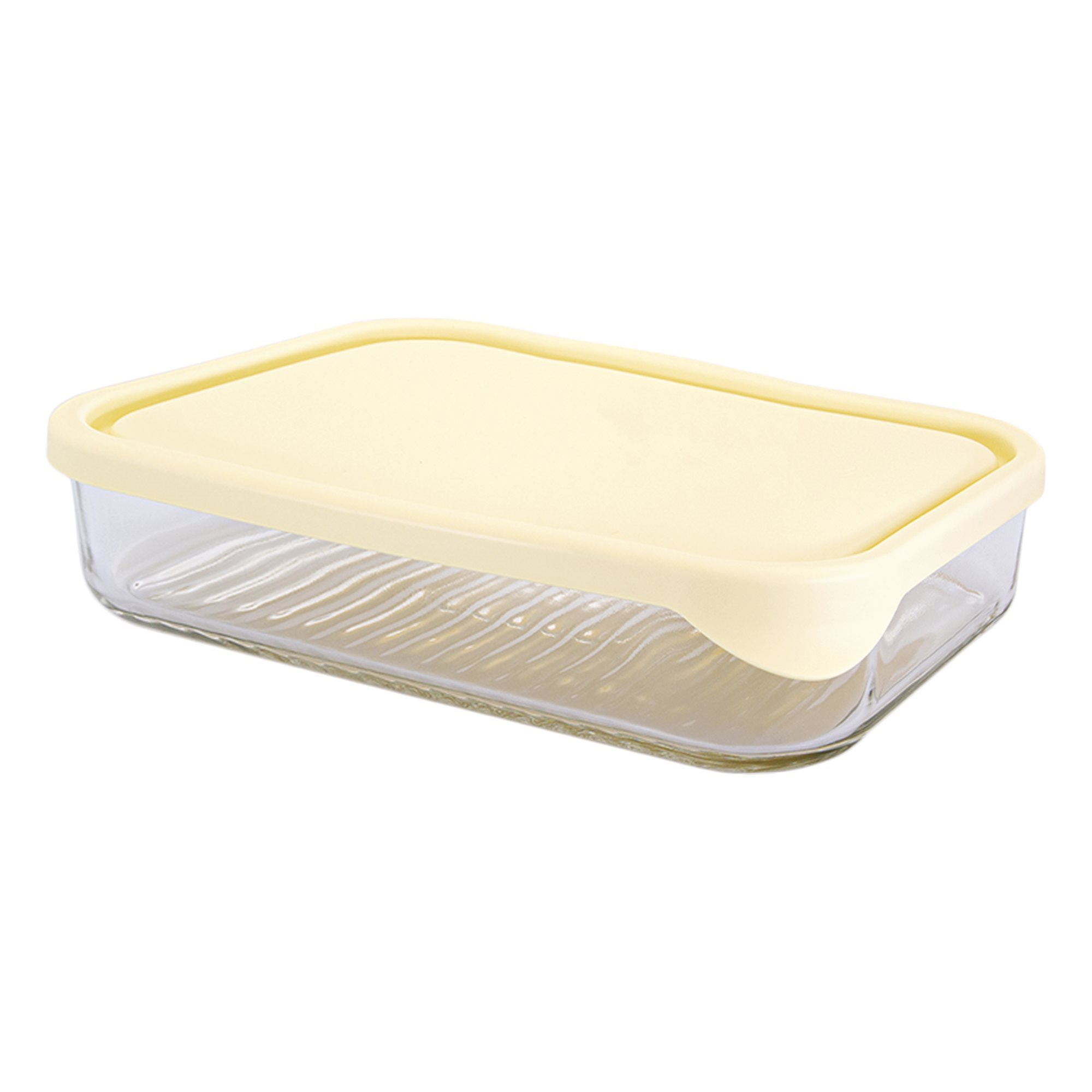 Rectangular food storage container, made from glass, with plastic