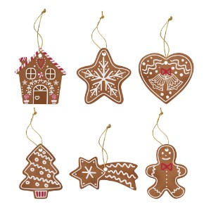 Set of 6 Christmas tree ornaments, porcelain, "GINGERBREAD" - Nuova R2S brand