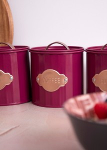 Set of 3 containers for tea, coffee and sugar, 1L, Burgundy - Kitchen Craft