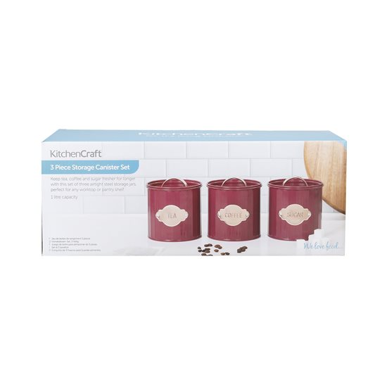 Set of 3 containers for tea, coffee and sugar, 1L, Burgundy - Kitchen Craft