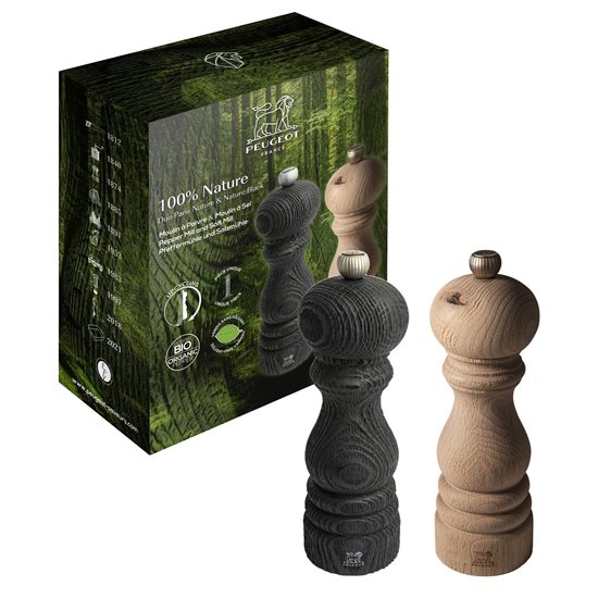 Set of salt and pepper grinders, 18 cm, made from recycled wood, "Nature & Nature Black" – Peugeot