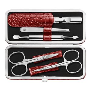 Set de manucure 5 pièces, acier inoxydable, portefeuille en cuir modèle crocodile, rouge - Zwilling Classic Inox