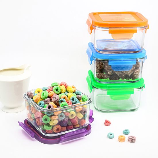 Fyrkantig matförvaringsbehållare, glas, 490ml, Blå, "Color" - Glaslås