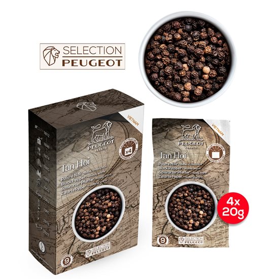 Sæt med 4 poser Tan Hoi sort peber, 4x20g, "Spices" - Peugeot