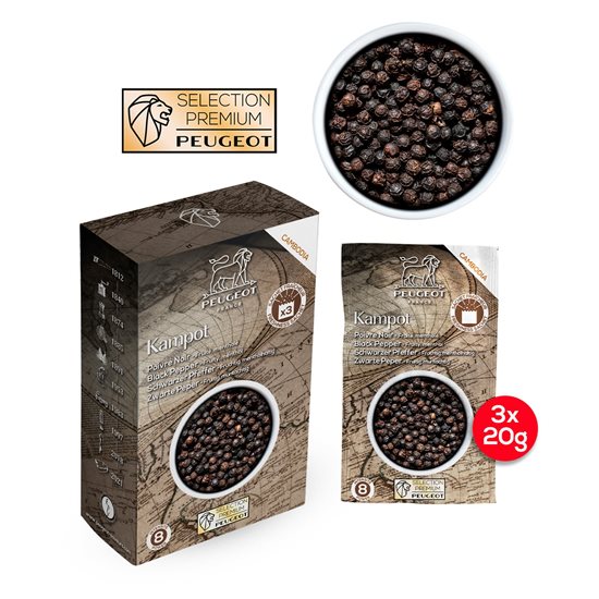 Sett med 3 poser Kampot sort pepper, 3x20g, "Spices" - Peugeot