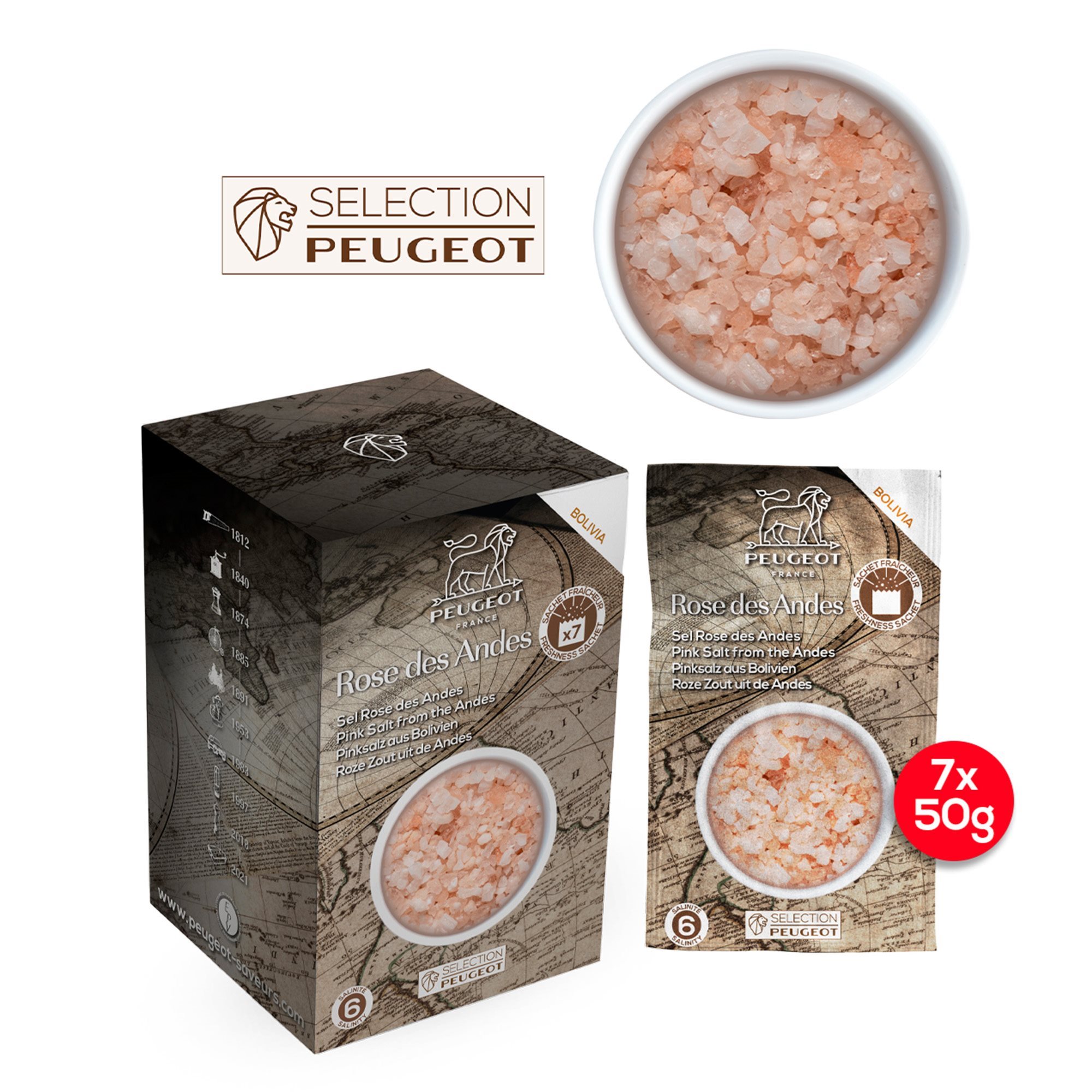Sæt med 7 poser lyserødt salt, 7x50g, "Spices" - Peugeot | KitchenShop
