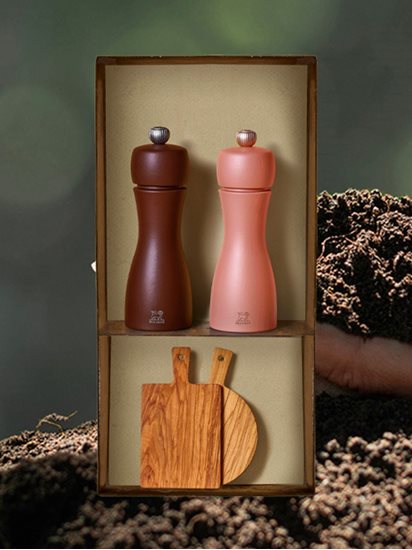 Sraith de 2 meilteoirí salainn agus piobar, 15 cm, "Tahiti Earth", Cacao&Nuts - Peugeot