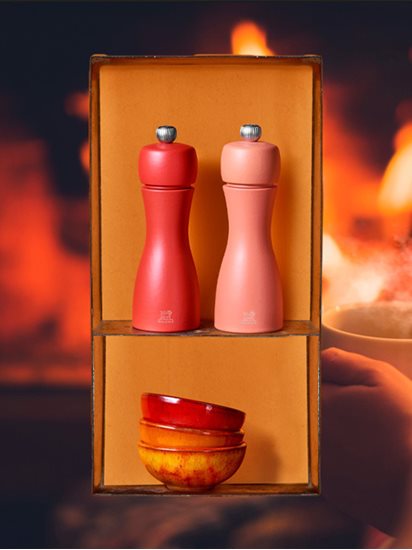 Set of 2 salt and pepper grinders, 15 cm, "Tahiti Fire", Bricks&Flame - Peugeot