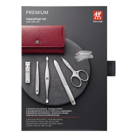 5 parçalı manikür seti, saten paslanmaz çelik, kırmızı deri çanta, PREMIUM - Zwilling