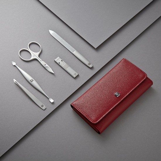 5-piece manicure set, satin stainless steel, red leather case, PREMIUM - Zwilling
