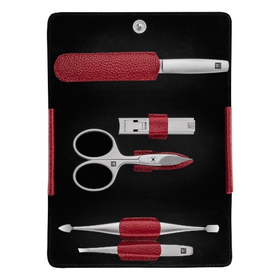 Conjunto de manicure de 5 peças, aço inoxidável acetinado, estojo de couro vermelho, PREMIUM - Zwilling