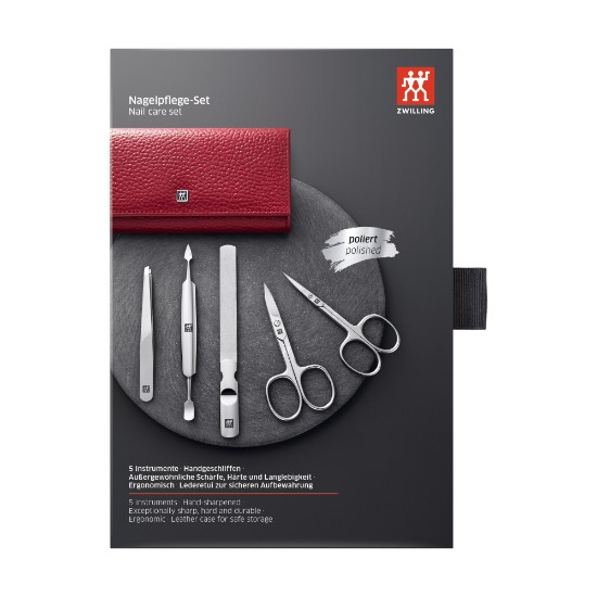 Set de manucure 5 pièces, étui en cuir, rouge, Classic Inox - Zwilling