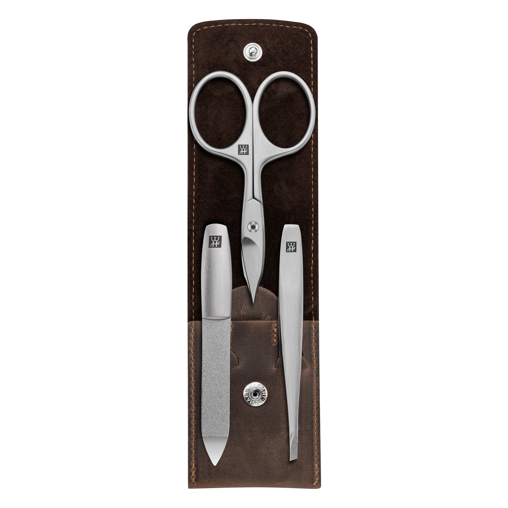 Manicure set, 3 pieces, stainless KitchenShop Zwilling steel, brown leather | case, - PREMIUM