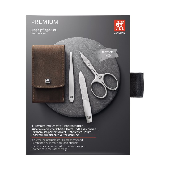 Conjunto de manicure, 3 peças, aço inoxidável, estojo de couro marrom, PREMIUM - Zwilling