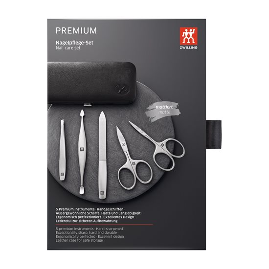 Conjunto de 5 peças em aço inoxidável acetinado, estojo em couro preto - Zwilling TWINOX