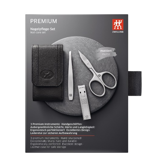 3-piece manicure set, satin stainless steel, black leather pouch holster, PREMIUM - Zwilling