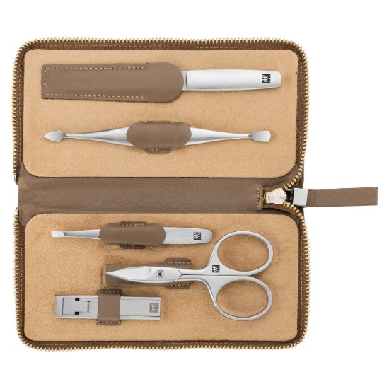 Conjunto de manicure de 5 peças, aço niquelado, estojo de couro marrom - Zwilling Twinox