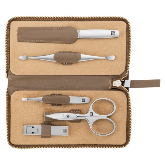 5-delige manicureset, vernikkeld staal, bruin leren etui - Zwilling Twinox