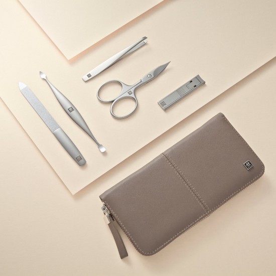 5-delige manicureset, vernikkeld staal, bruin leren etui - Zwilling Twinox