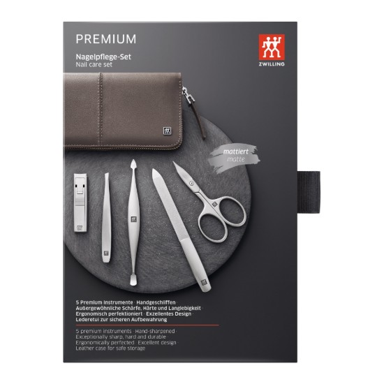 5-delige manicureset, vernikkeld staal, bruin leren etui - Zwilling Twinox