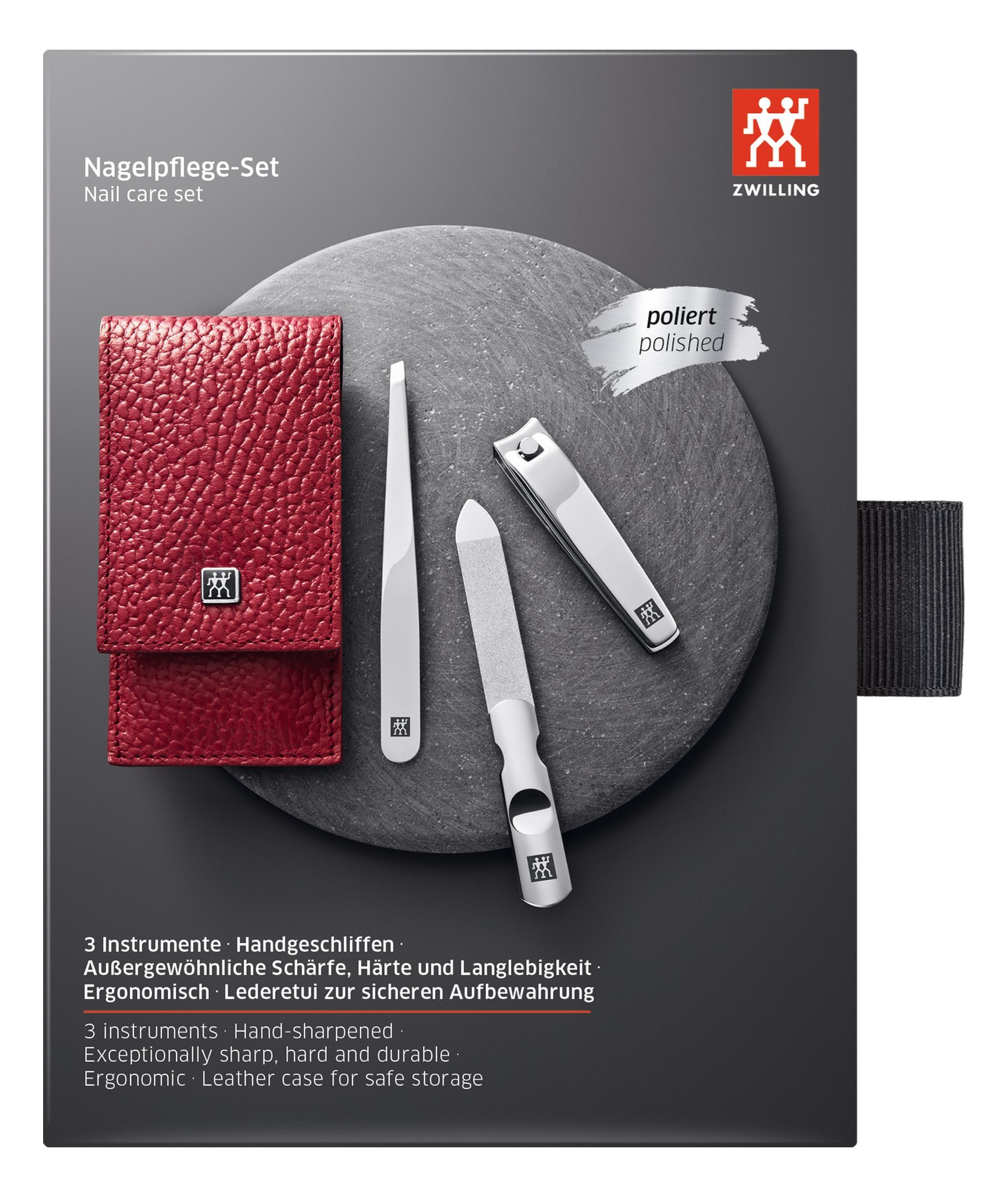 case Zwilling KitchenShop 3-piece staples, | Red set, Classic Inox manicure - leather with
