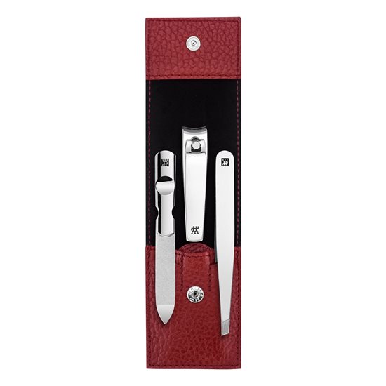 Set manucure 3 pièces, étui en cuir avec agrafes, Rouge - Zwilling Classic Inox