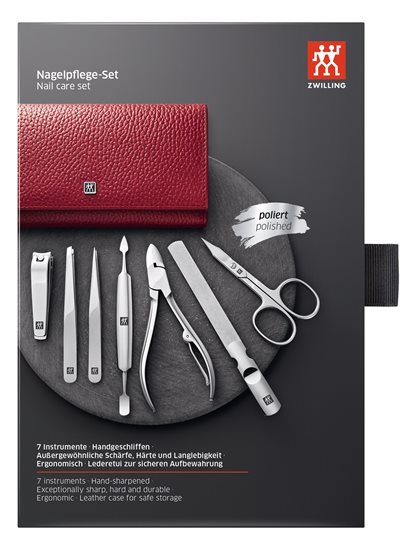 Set de manucure 7 pièces, portefeuille en cuir avec agrafes, Rouge - Zwilling Classic Inox