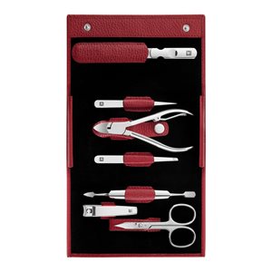 Sraith manicure 7-píosa, sparán leathair le stáplaí, Red - Zwilling Classic Inox