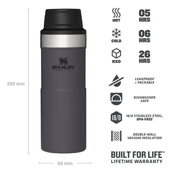 Travel mug, stainless steel, 350ml, "Classic Trigger-Action", Charcoal - Stanley