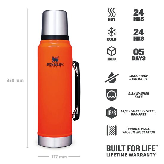 Stainless steel thermal insulating bottle, 1L, "Classic Legendary", Blaze Orange - Stanley