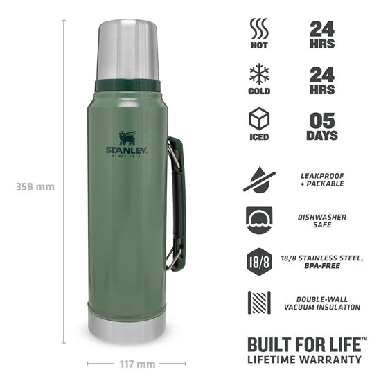 Flixkun iżolat termali ta 'l-istainless steel, 1L, "Leġġendarju Klassiku", Hammertone Green - Stanley