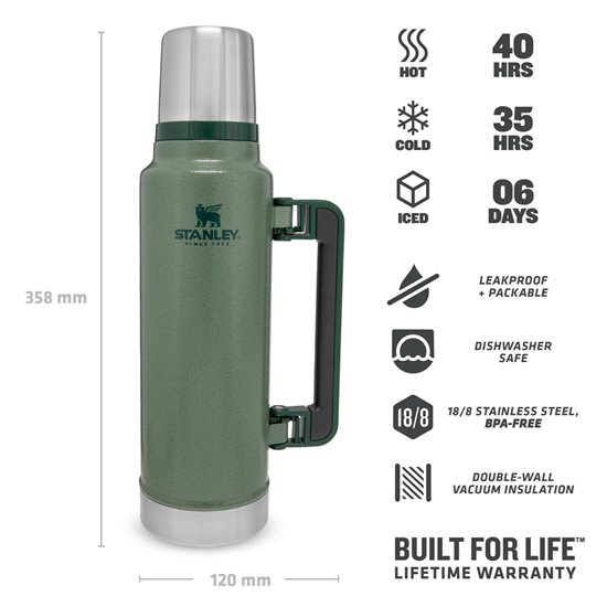 Stainless steel thermal insulating bottle, 1.4L, "Classic Legendary", Hammertone Green - Stanley