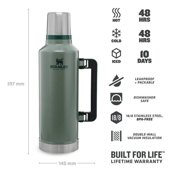 Garrafa termoisolante em aço inox, 2,3L, "Classic Legendary", Hammertone Green - Stanley