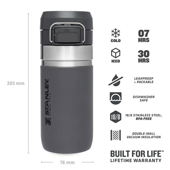 Water bottle, stainless steel, 470ml, "Go Quick", Charcoal - Stanley