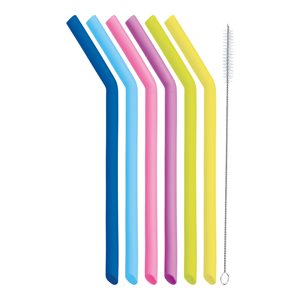 Set of 6 straws made from silicone, 25 cm and cleaning brush - made by Kitchen Craft