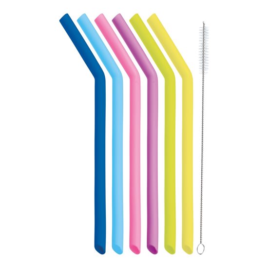 Set of 6 straws made from silicone, 25 cm and cleaning brush - made by Kitchen Craft