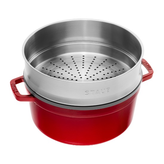 Cast iron Cocotte cooking pot, with steam cooking accessory, 24cm/3.79L, Cherry - Staub